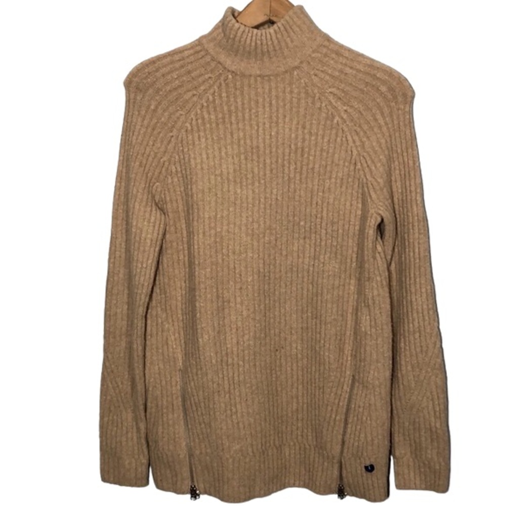 ABERCROMBIE & FITCH | Camel Mock Neck Ribbed Wool Blend Zip Sweater size Large